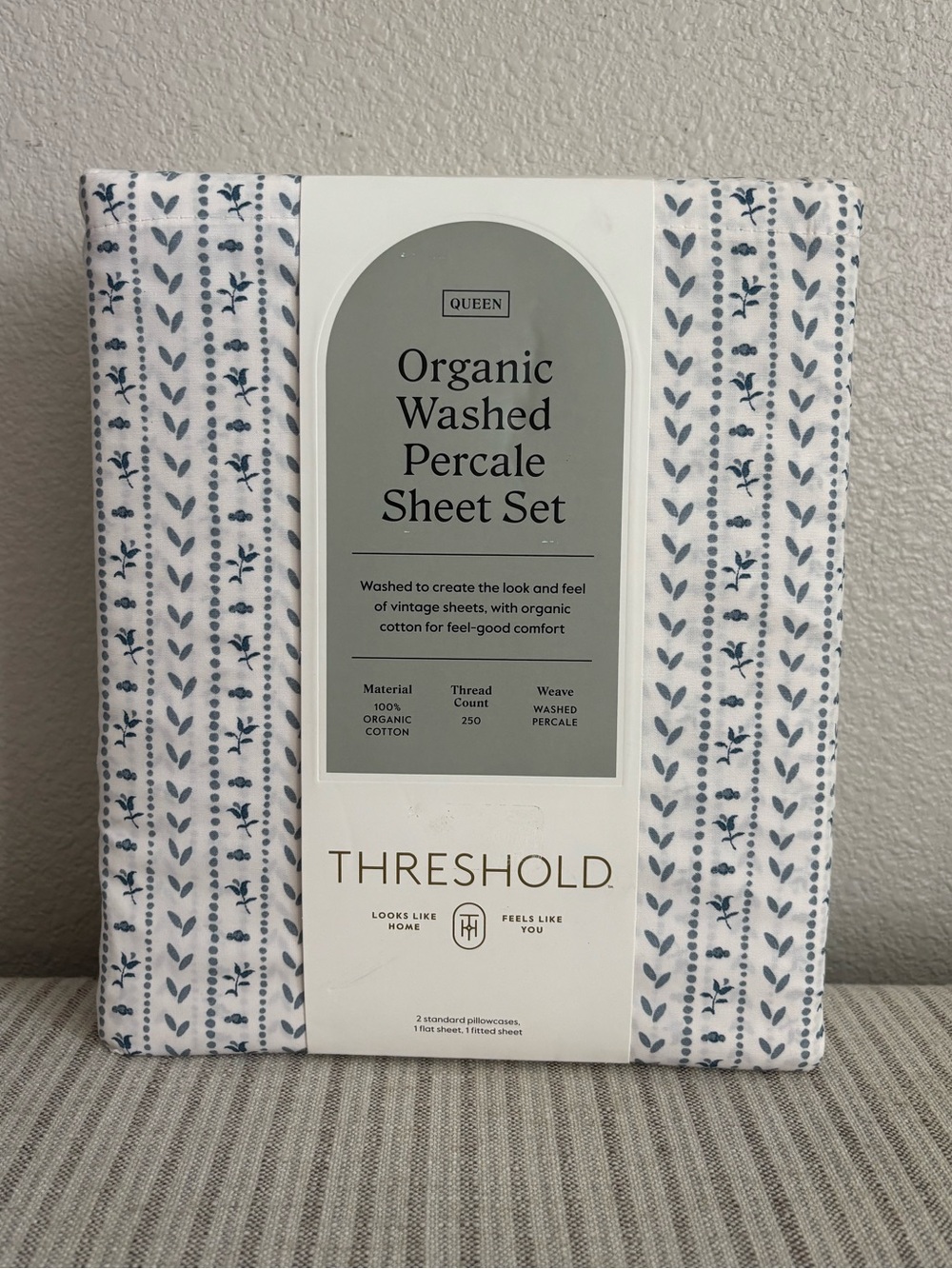 NWT Queen Organic Percale Printed Sheet Set Ivory Floral Stripe - Threshold